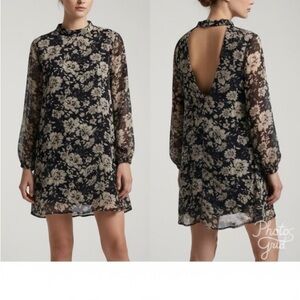 Astr Black and Cream Floral Long Sleeve BOHO Dress